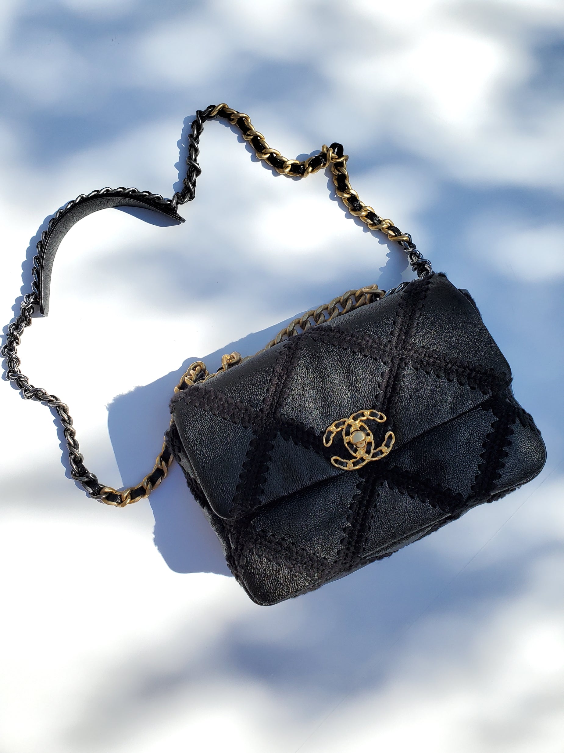 CHANEL 19 Schwarz Häkeln Kalbsleder Gesteppte Ketten-Handtasche