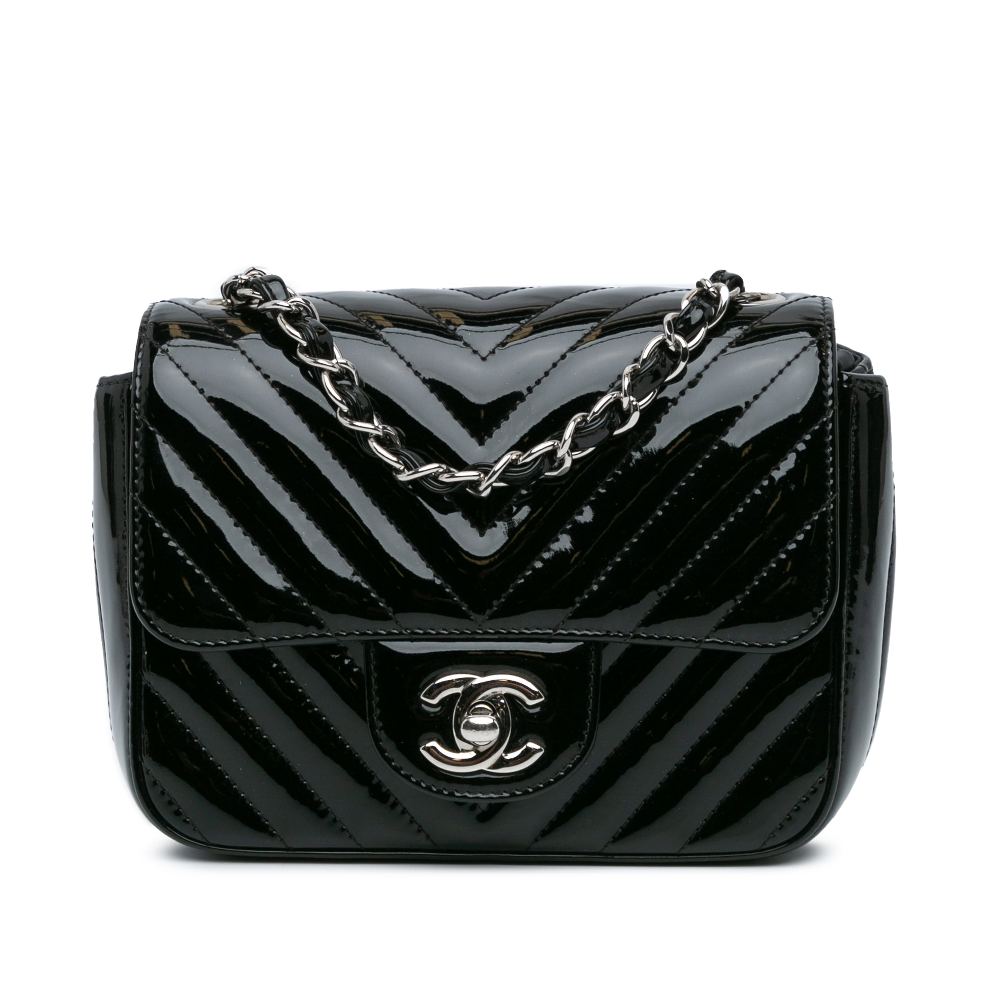Black Chanel Mini Square Classic Patent Chevron Flap Crossbody Bag - Produktbild 2
