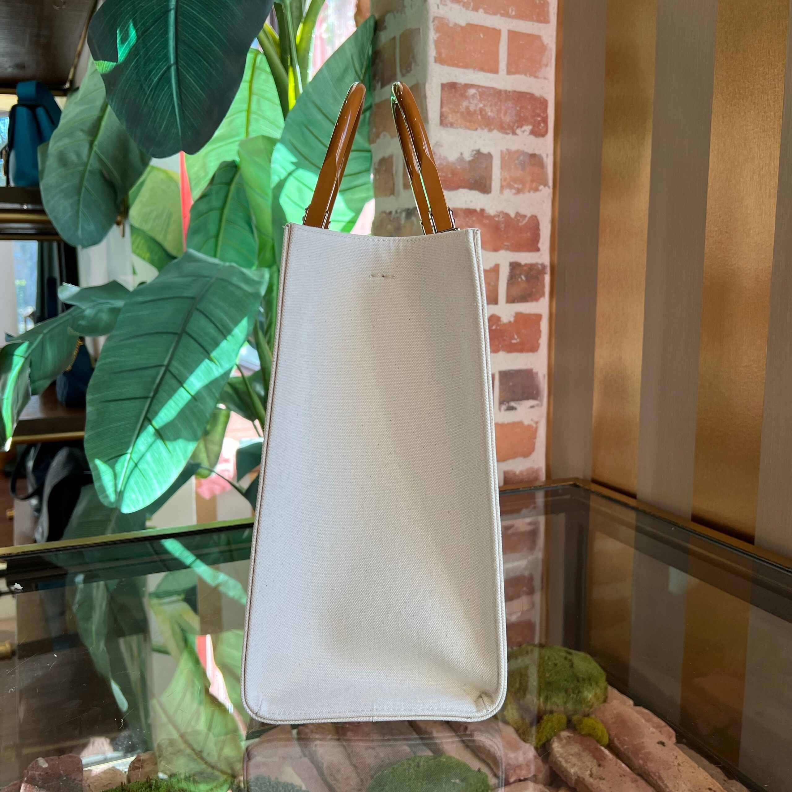 FENDI Sunshine Shopper Medium Braun Beige Patent Canvas Flexiglas-Henkel Shopper