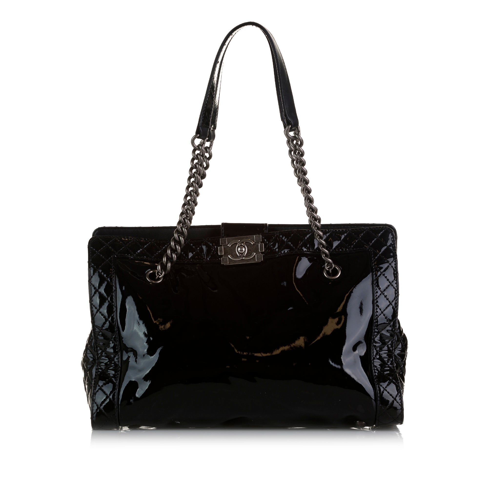 Schwarz Chanel Lack Boy Reverso Shopping-Shopper