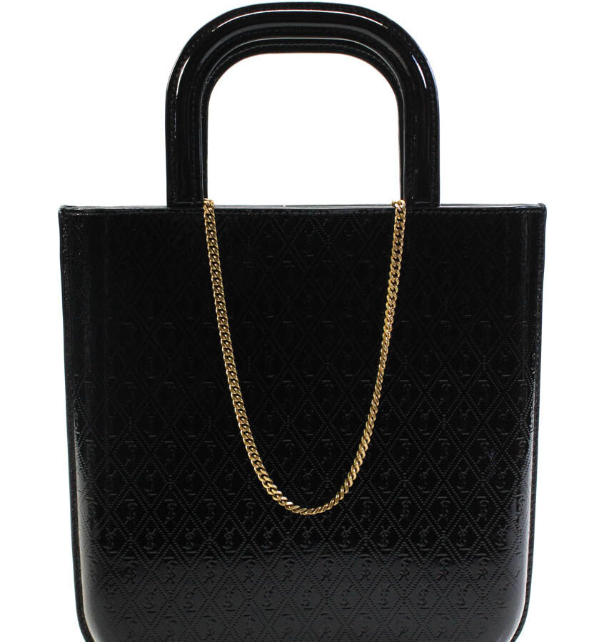 Saint Laurent Womens MONOGRAMM Logo Embossed Mini Shopping Tote Handbag Black | Studio Nafay