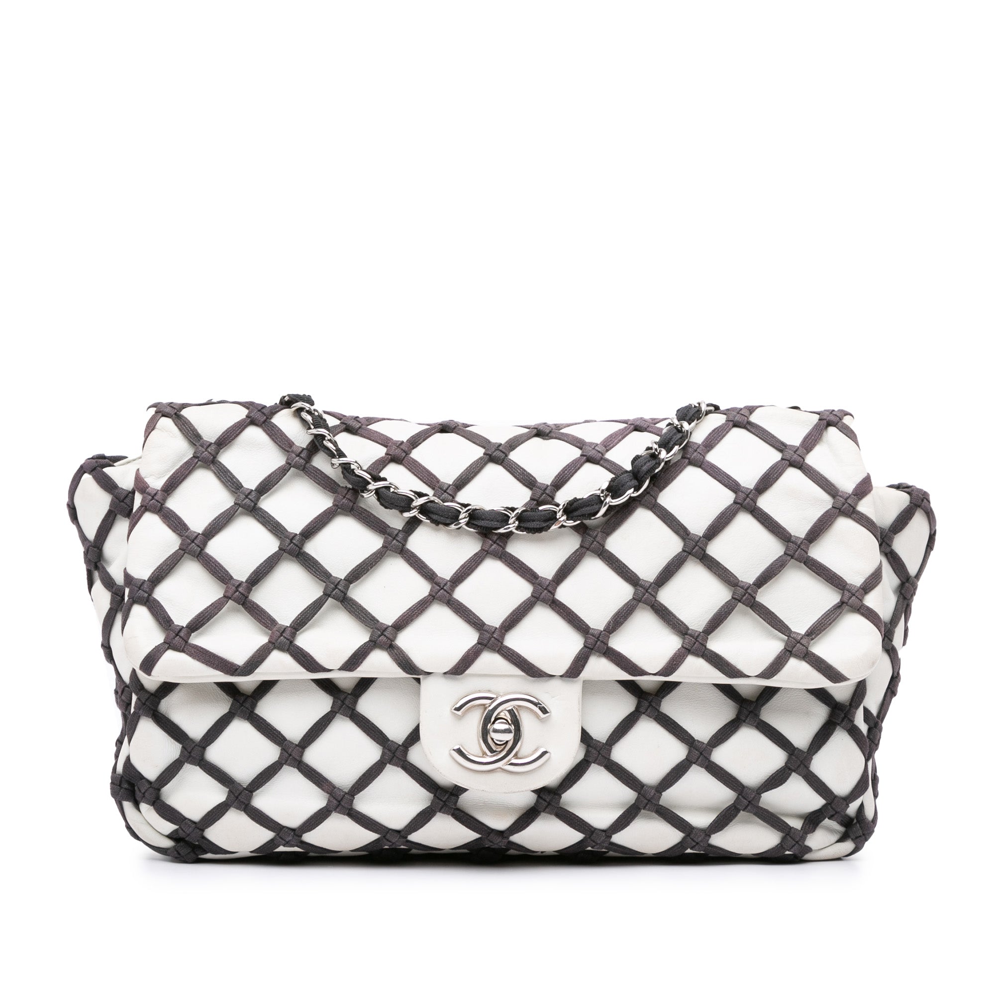 Weiß Chanel Jumbo Calfskin Canebiers Net Flap Umhängetasche