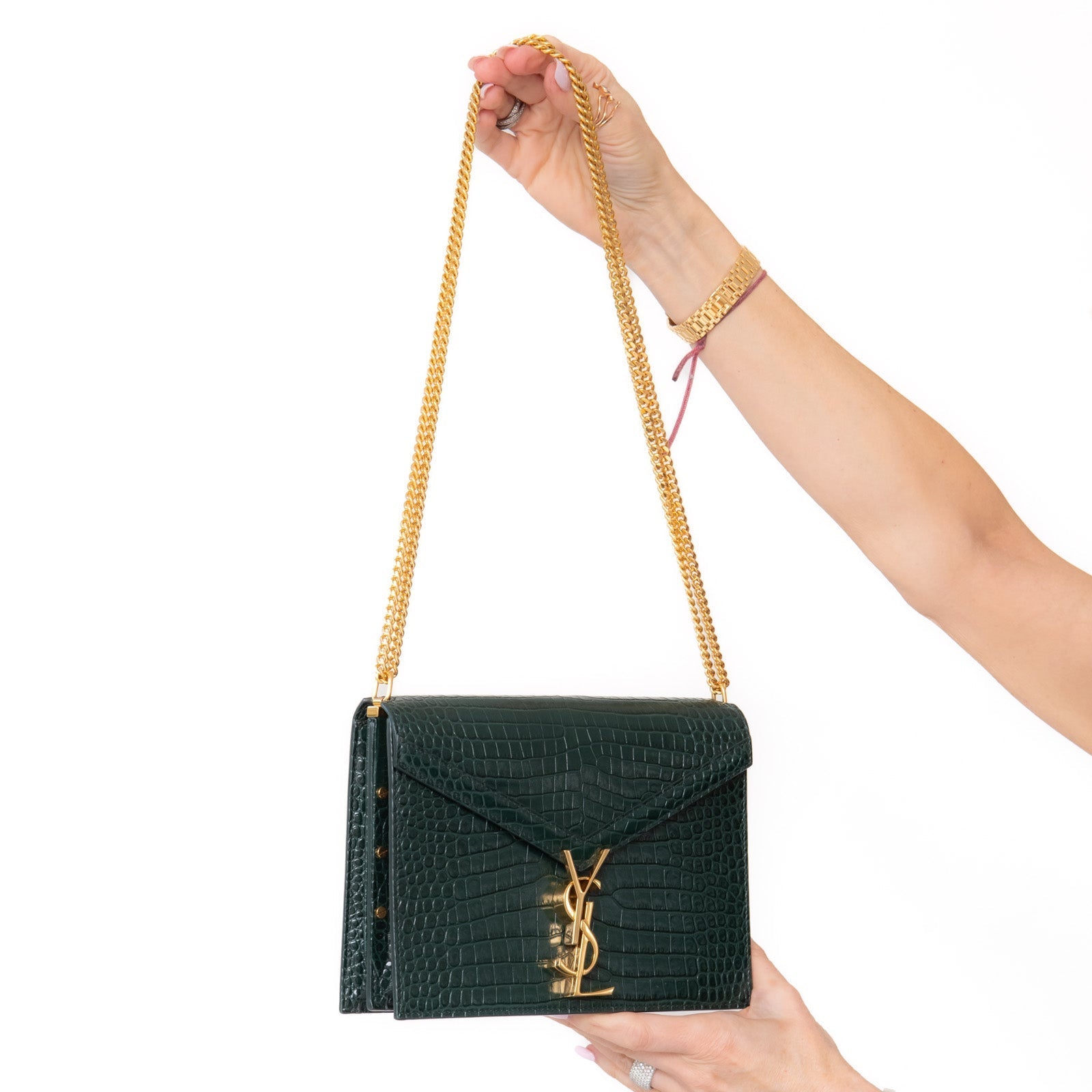 Saint Laurent Cassandra Clasp Crossbody-Tasche mit Klappe aus grünem Leder mit Krokoprägung