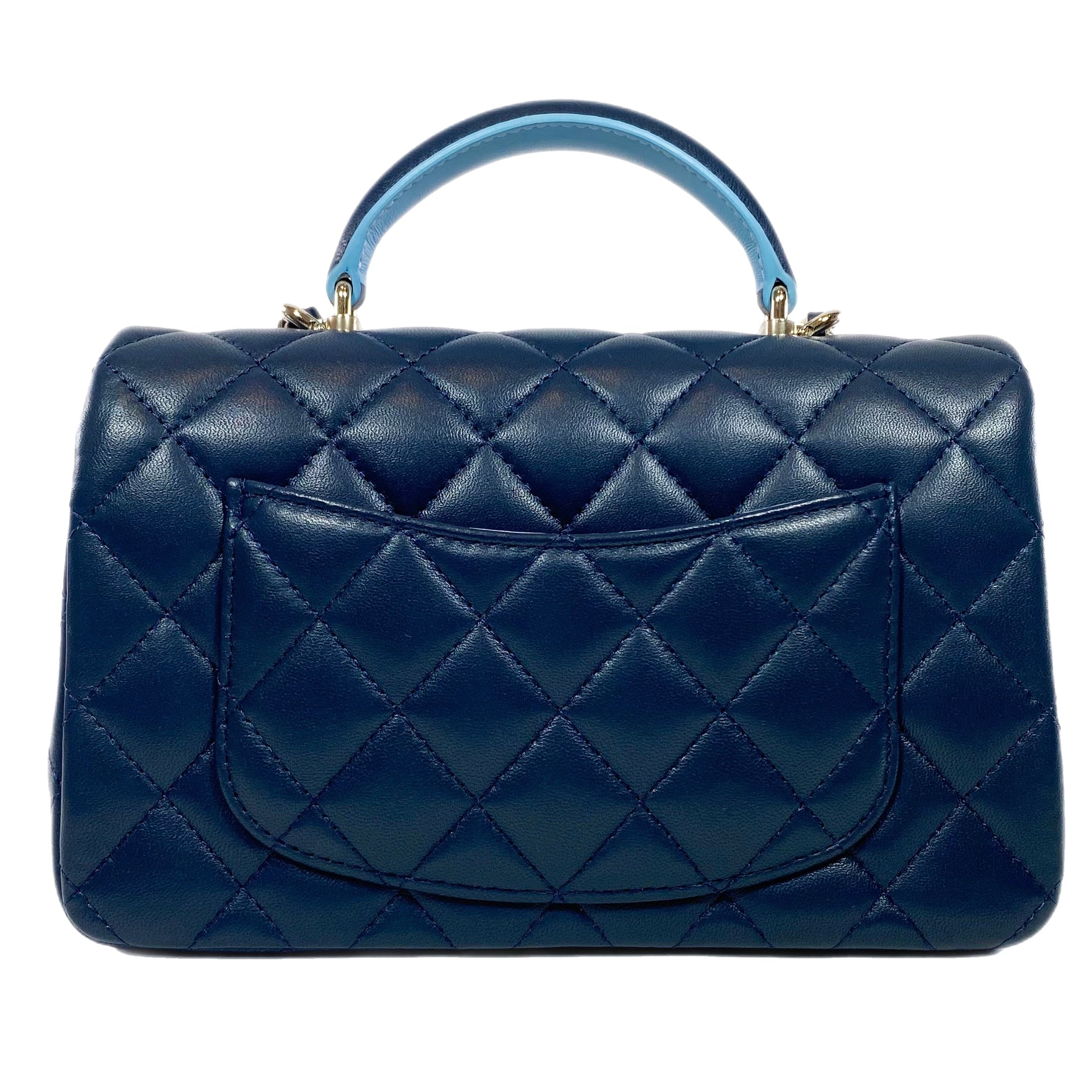 Chanel Quilted Lambskin Bi-Color Navy and Light Blue Mini Top Handle Rectangular Flap Bag