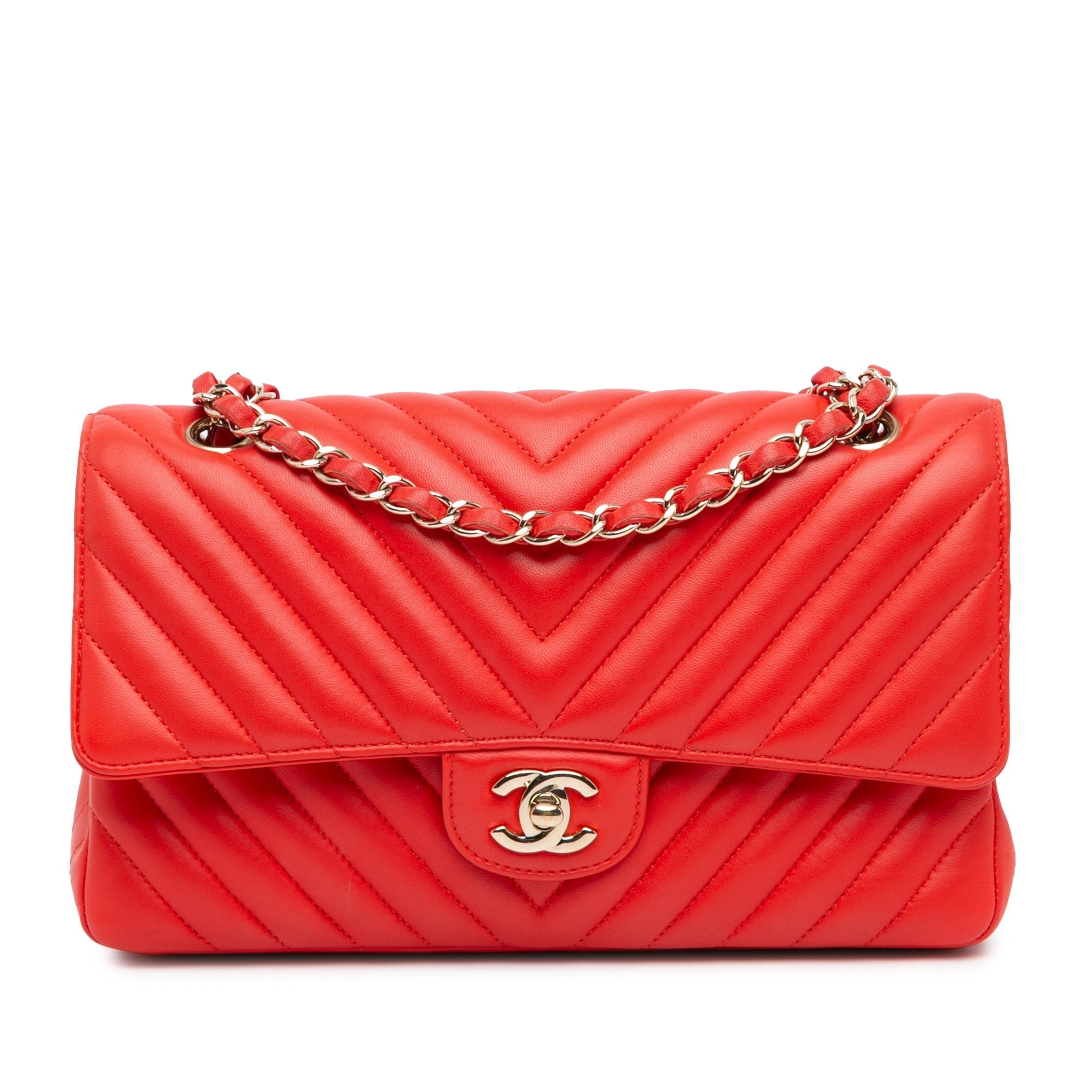 Rot Chanel Medium Classic Chevron Lambskin Double Flap Umhängetasche