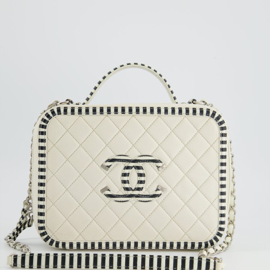 *HOT* Chanel White Caviar Vanity Case with Zebra Motif CC Logo and Silver Hardware | Studio Nafay