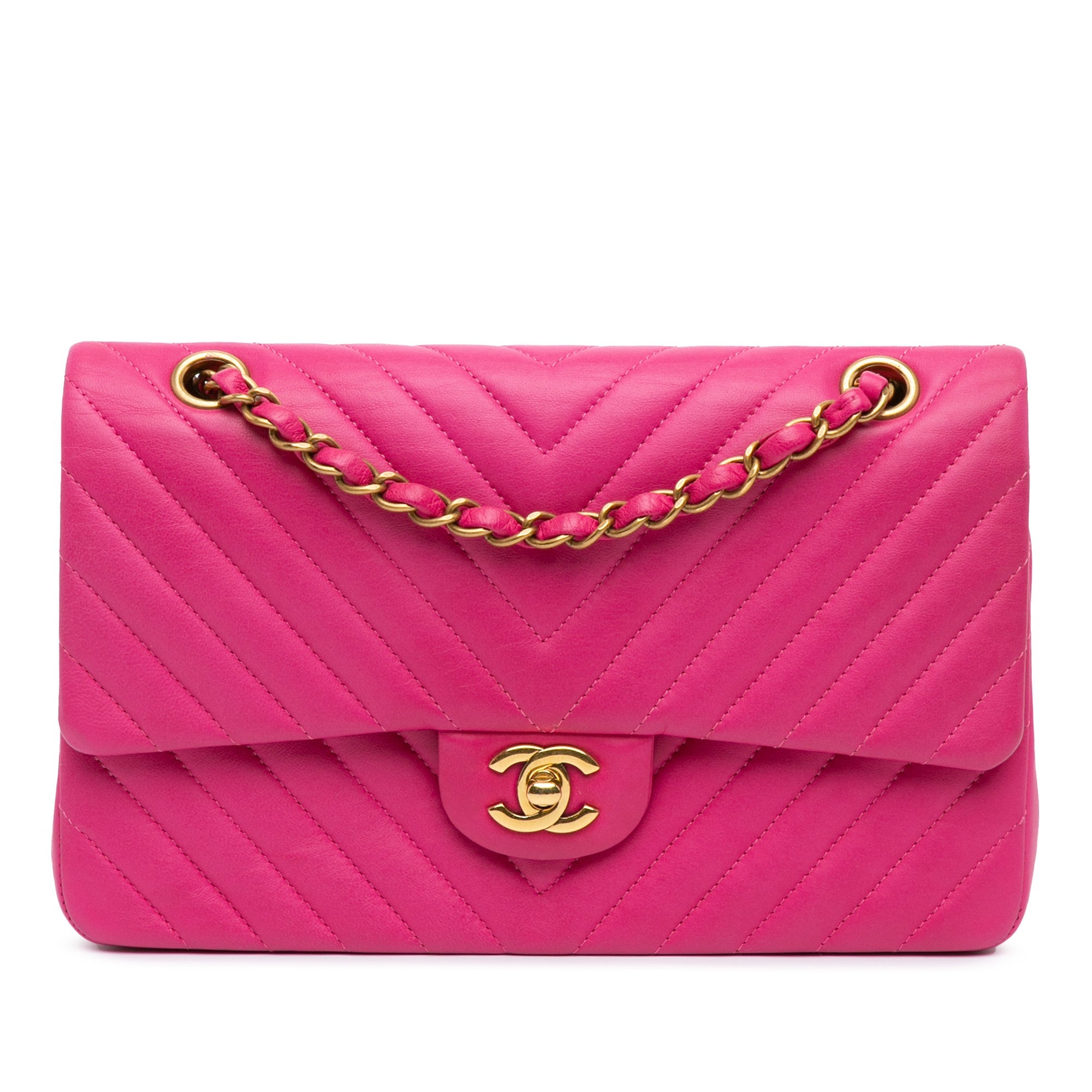 Rosa Chanel Medium Classic Chevron Lambskin Double Flap Umhängetasche