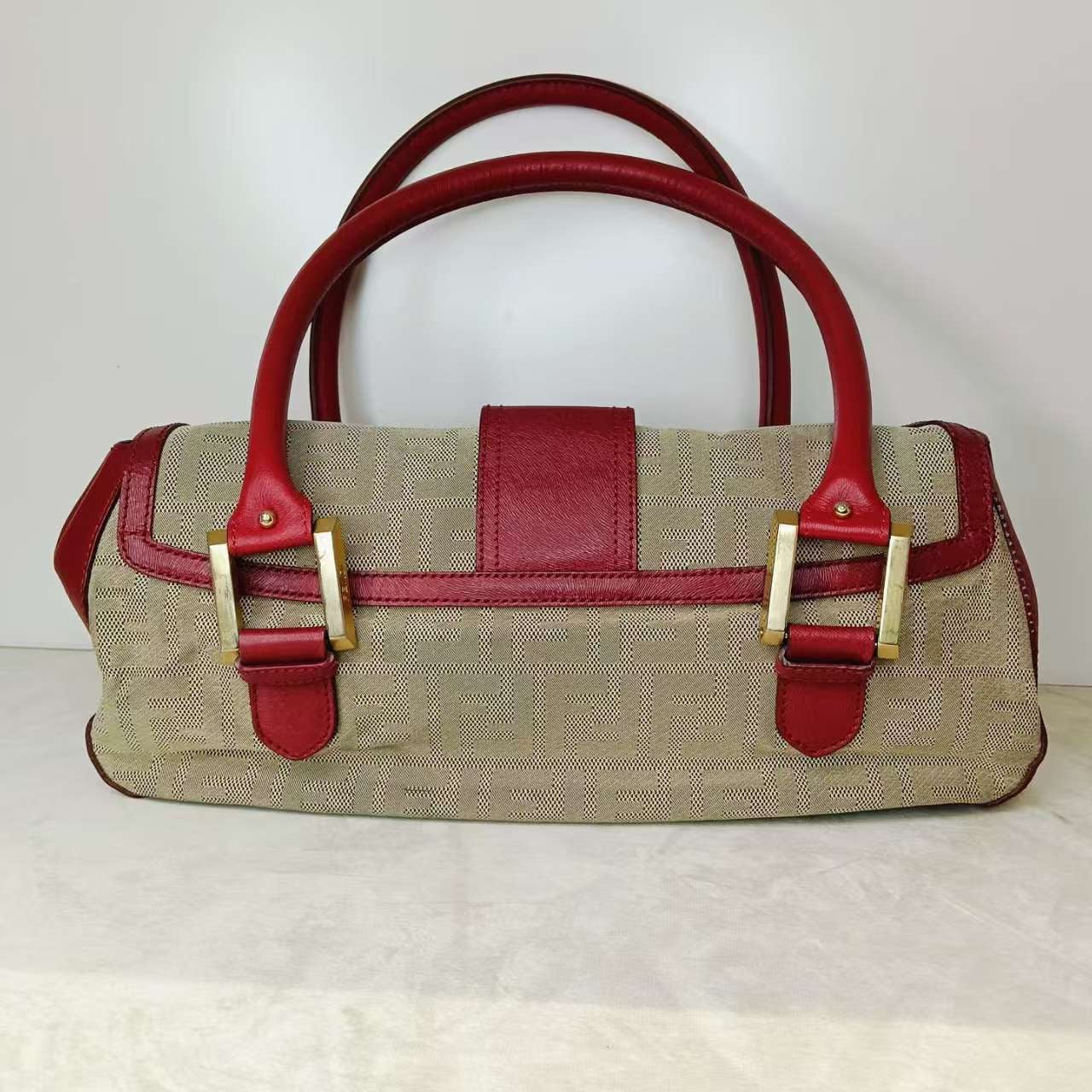 Fendi Tote Bag Beige Red Leather Canvas Handbag - Produktbild 2